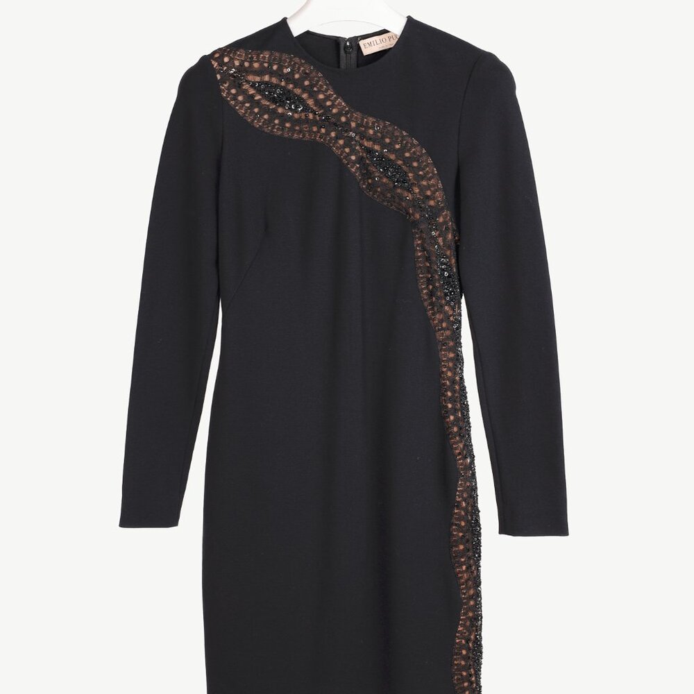 Emilio Pucci Black Knit Lace-Insert Long Sleeve Dress